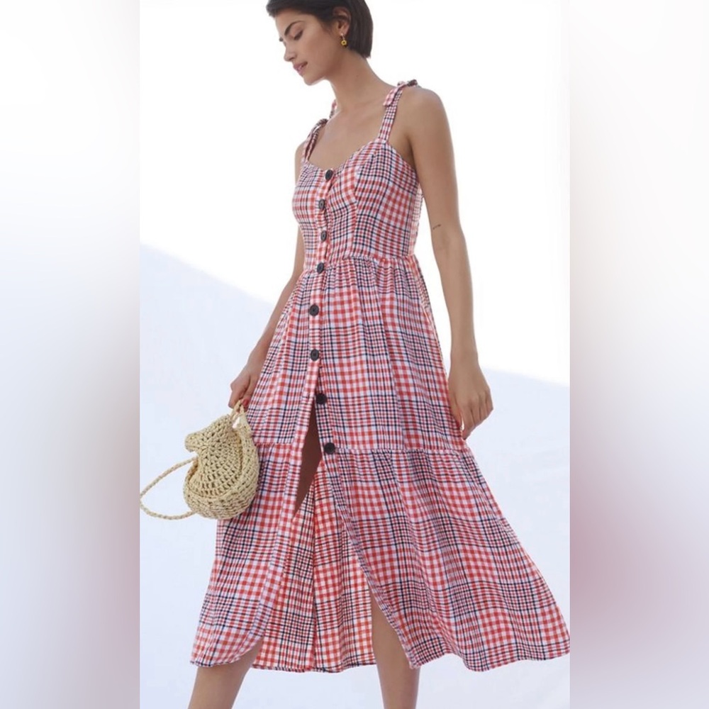 Urban Outfitters Red and White Plaid Tie Shoulder Midi Dress size XS